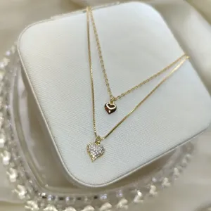 Colar Coração Duplo Cravejado Cristal Banhado a Ouro