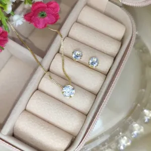 Conjunto Redondo em Zirconia Cristal Banhado a Ouro
