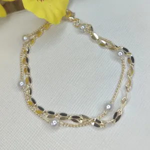 Pulseira Dupla com Chapinhas e Bolinhas de Pérolas
