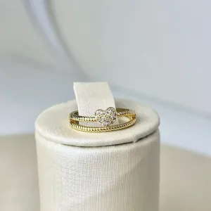 Anel Aro Duplo com Coração  Cravejada e Bolinhas Banhado a Ouro
