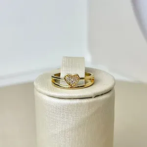 Anel Aro Duplo com Coração Cravejado Banhado a Ouro