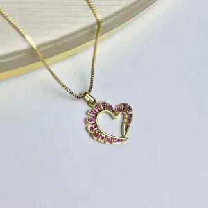 Colar De Coração Zirconia Rosa Banhado a Ouro