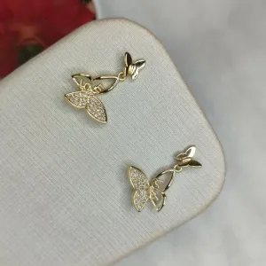 Brinco Borboleta Dupla Love de Zirconia Banhado a Ouro