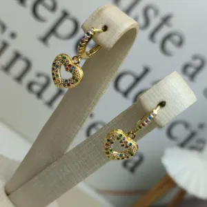 Argola Pingente de Coração Cravejada Color Banhada a Ouro