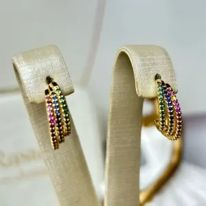Brinco 3 Fileiras Color Cravejadas Banhado a Ouro