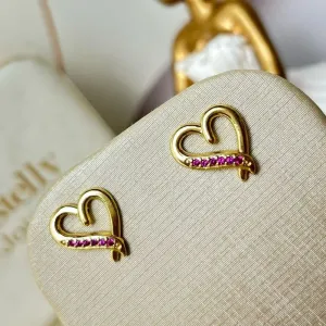 Brinco Coração Pedras Rosa Banhado a Ouro