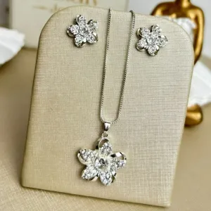 Conjunto Flor Cravejada Banhada a Prata