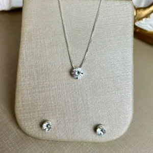 Conjunto Redondo em Zirconia Cristal Banhado a Prata