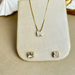 Conjunto Zirconia Quadrado Banhado a Ouro