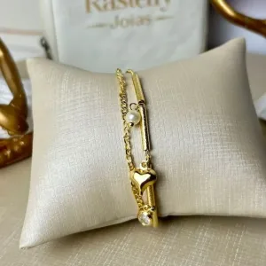 Pulseira em Tiras com Pérola e Zircônia Dupla banhada a Ouro