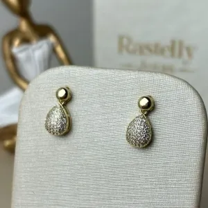 Brinco Bolinha com Gota Cravejada Banhado a Ouro