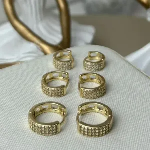 Trio de Argola Três fileiras Cravejadas Banhado a Ouro