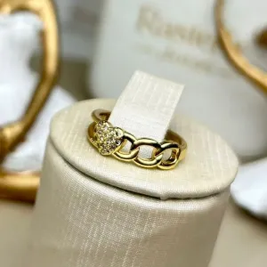 Anel Aro com Elos e Coração Cravejado Banhado a Ouro
