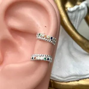 Piercing Fake Duplo Color Com Zirconia Banhado a Prata