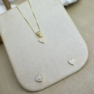 Conjunto Coração Cravejado Banhado a Ouro