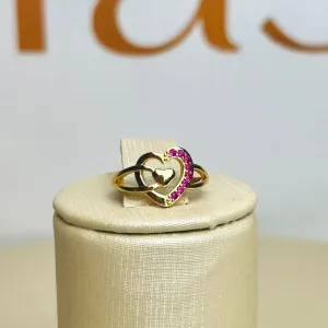 Anel De Coração Pedras Rosas Banhado a Ouro