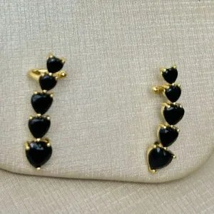 Brinco Ear Cuff Pedra Preta De Coração