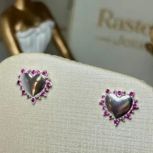 Brinco De Coração Com Pedras Rosas