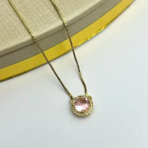 Colar Ponto De Luz Pedra Rosa Cravejada Banhado a Ouro