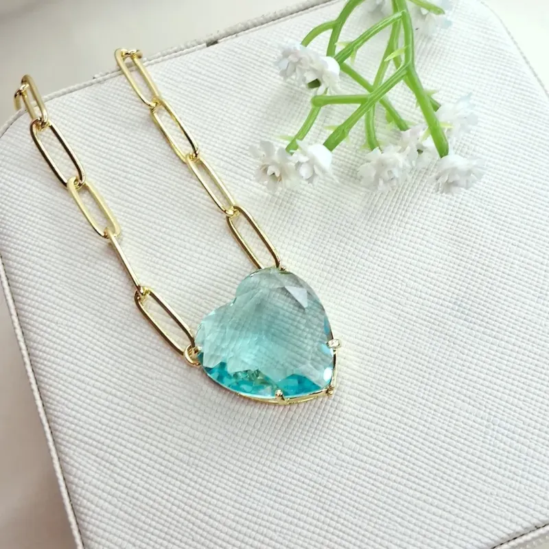 Choker Coração de Zirconia Azul Banhado a Ouro