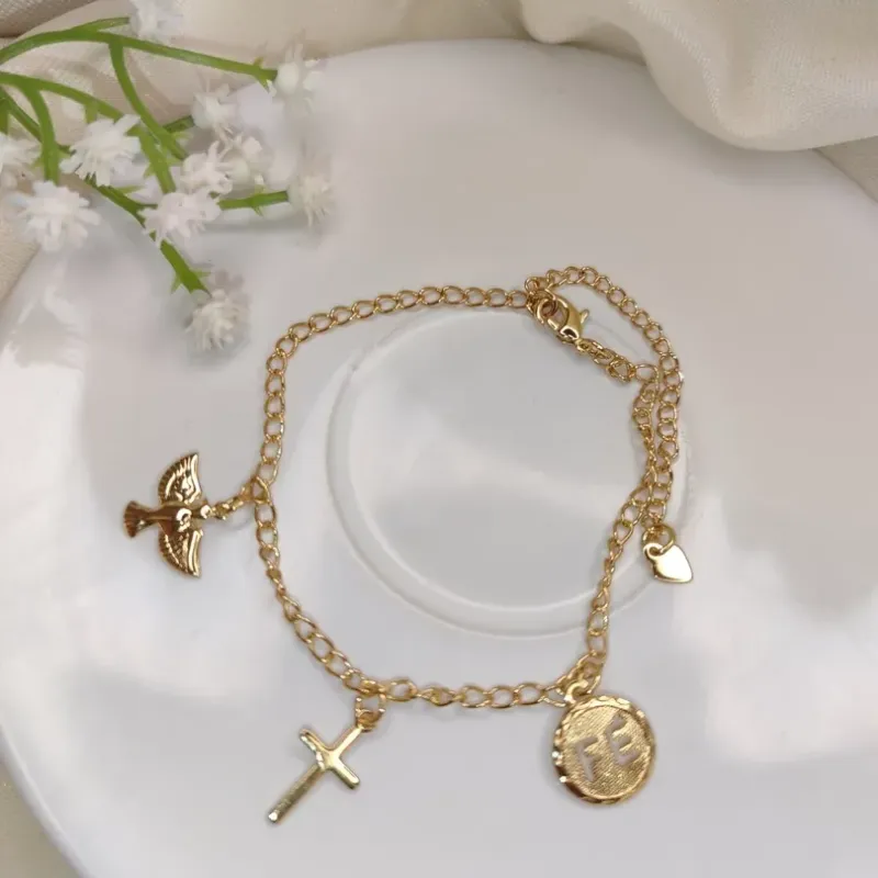 Pulseira, Fé, Cruz, Espírito Santo Banhado  a Ouro