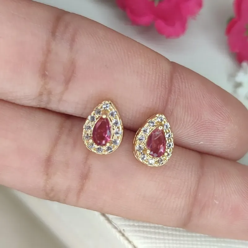 Brinco Gota Zirconia Rosa Cravejado Banhado a Ouro