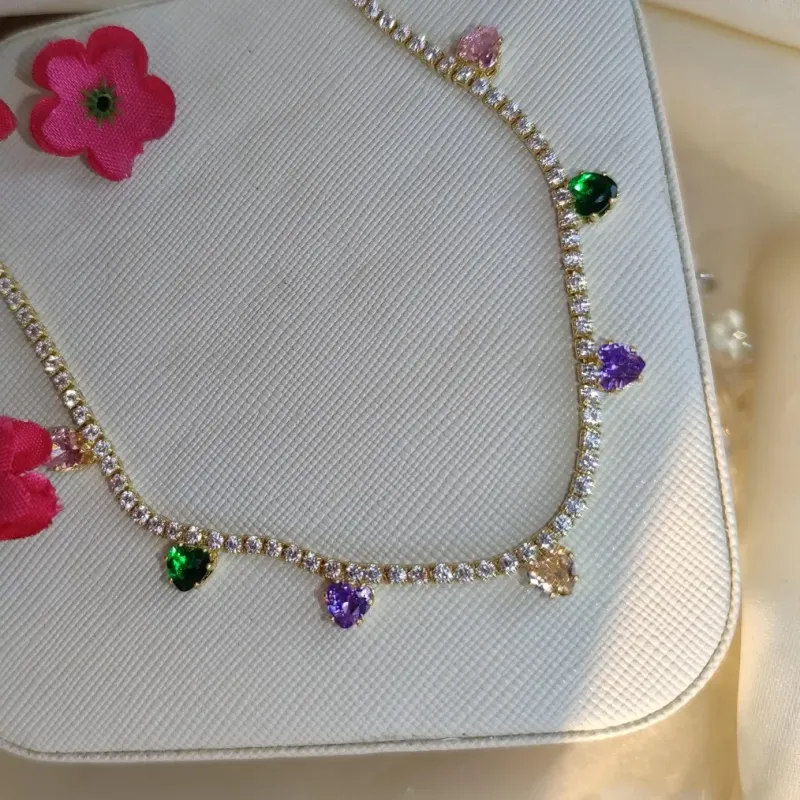Colar Super Luxo Cravejado Zirconia Coração Color