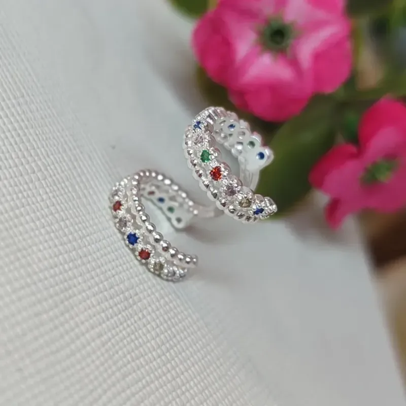 Piercing Fake Duplo Color Com Zirconia Banhado a Prata