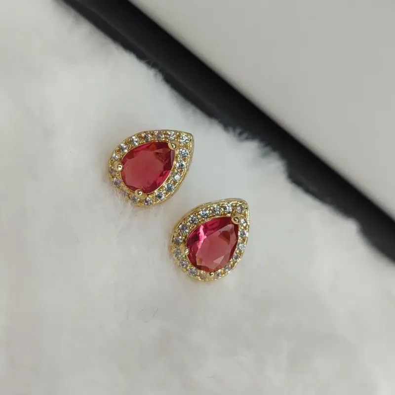 Brinco Gota Zirconia Rosa Cravejado Banhado a Ouro