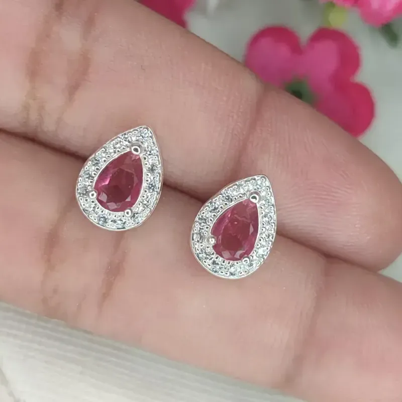 Brinco Gota Zirconia Rosa Cravejado Banhado a Prata M