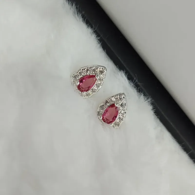 Brinco Gota Zirconia Rosa Cravejado Banhado a Prata