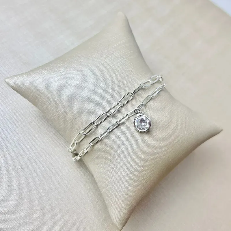 Pulseira Elo Cartier Dupla Com Ponto de Luz Banhado a Prata