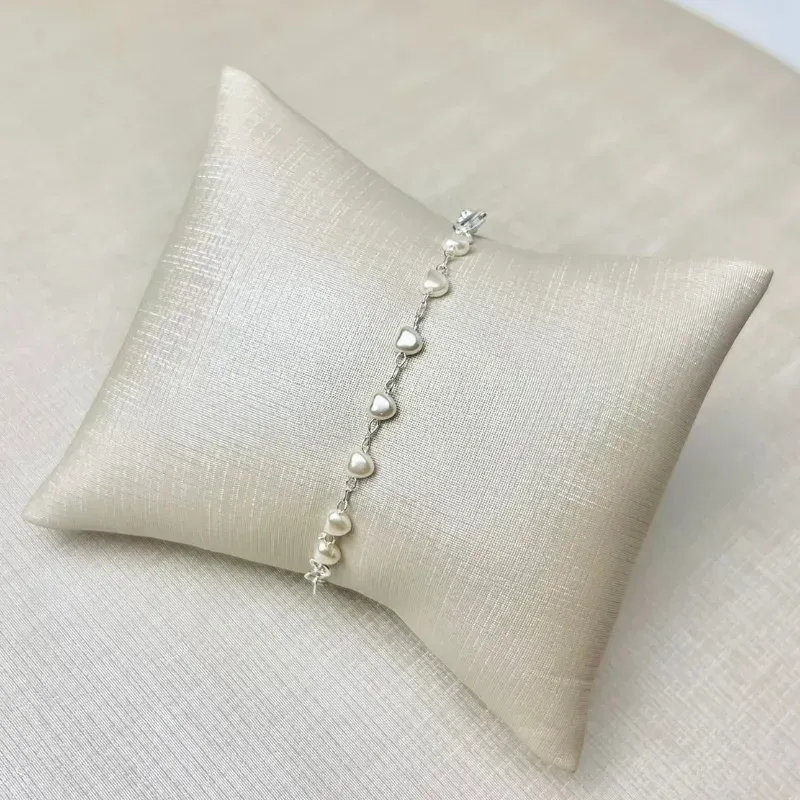 Pulseira Coração Pérola com Coração Banhada a Prata