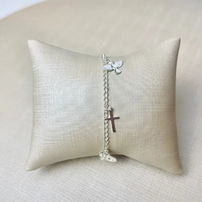 Pulseira, Fé, Cruz, Espírito Santo Banhada a Prata
