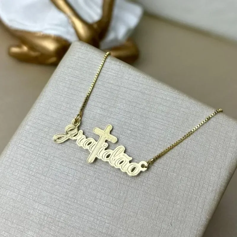 Colar Gratidão Com Cruz Banhado a Ouro
