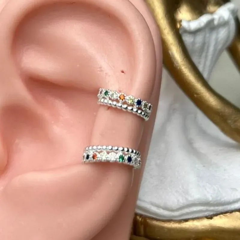 Piercing Fake Duplo Color Com Zirconia Banhado a Prata