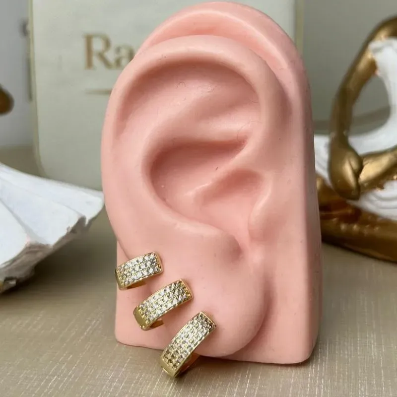 Trio de Argola Três fileiras Cravejadas Banhado a Ouro