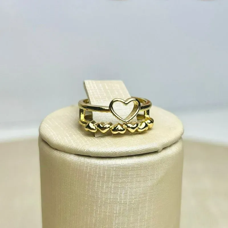 Anel Aro Duplo Coração Banhado a Ouro