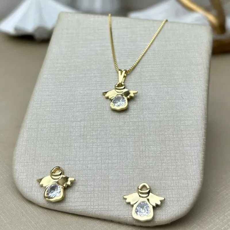Conjunto Anjinho  Zircônia  Banhado a Ouro