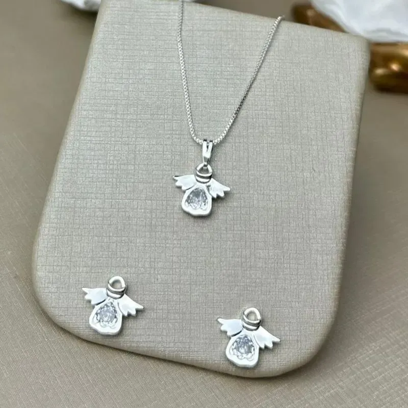Conjunto Anjinho  Zircônia  Banhado a Prata