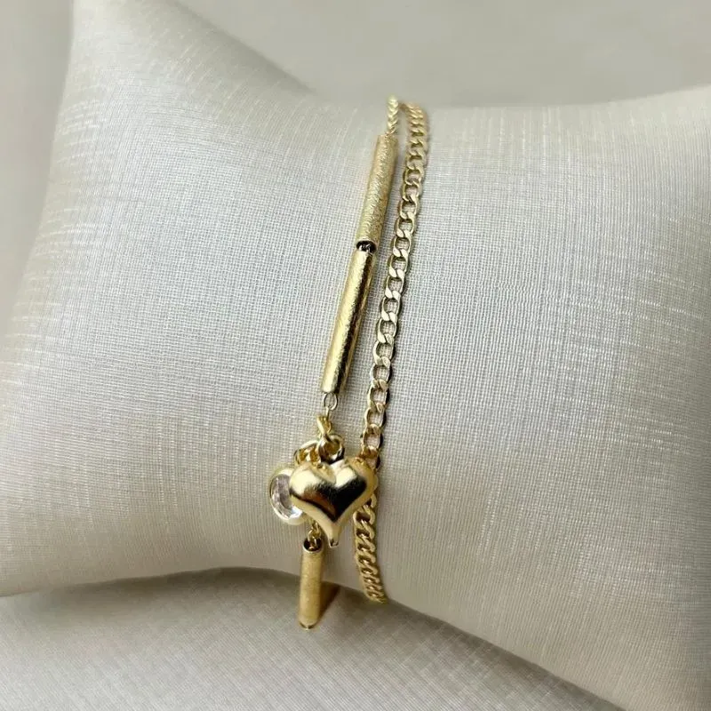 Pulseira em Tiras com Coração banhada a Ouro