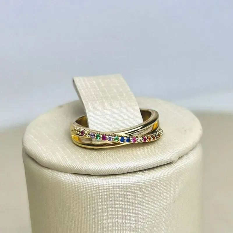 Anel Duplo Zirconia Color Banhado a Ouro