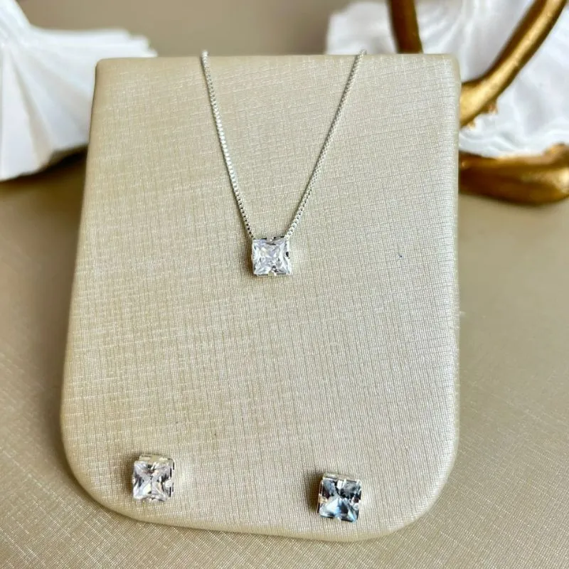 Conjunto Zirconia Quadrado Banhado a Prata