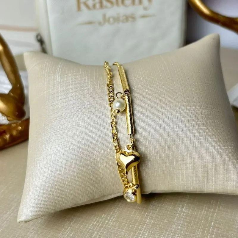 Pulseira em Tiras com Pérola e Zircônia Dupla banhada a Ouro