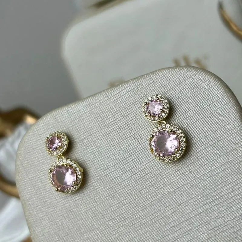 Brinco De Zirconia  Pedra Rosa Banhado a Ouro