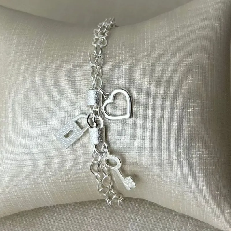 Pulseira do Amor Cadeado, Chave e Coração