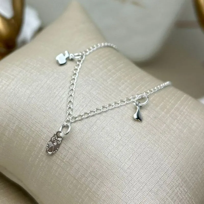 Tornozeleira Chapinhas de Coruja, Coração e Pera Banhado a Prata