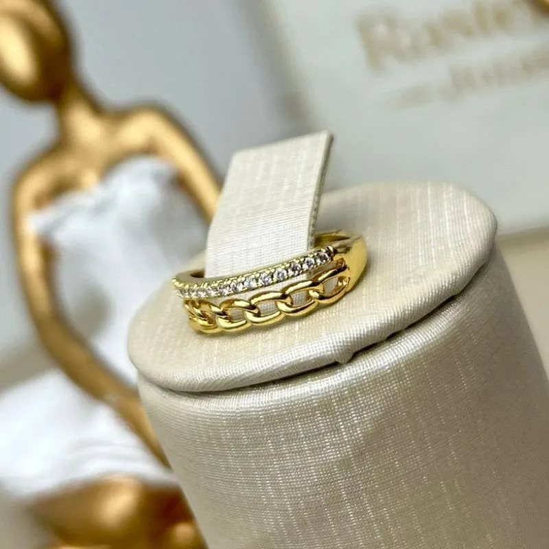 Anel Aro Trançado + Aro Cravejado Banhado a Ouro