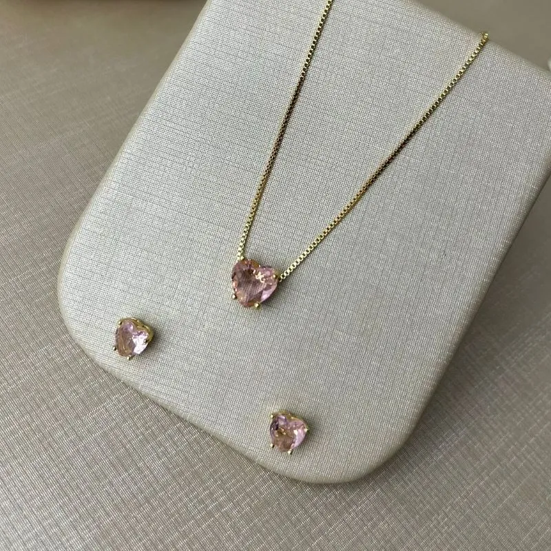 Conjunto de Coração Zirconia Rose Banhado a Ouro