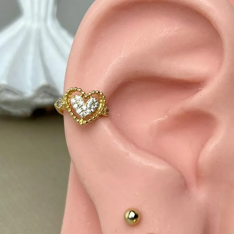 Piercing Fake Coração Duplo Cravejado Banhado a Ouro